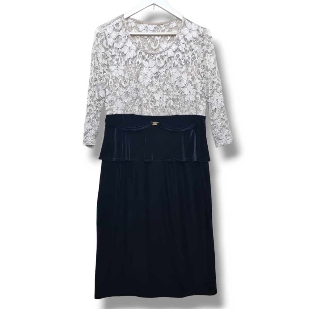 Joanna Hope Dress Womens Size 14 Peplum Midi Lace and Velvet Ivory Black - Picture 2 of 10